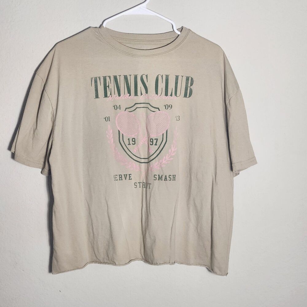 Fifth Sun Tennis Club Graphic T Shirt XL Beige Pink Preppy Casual Tee Women
